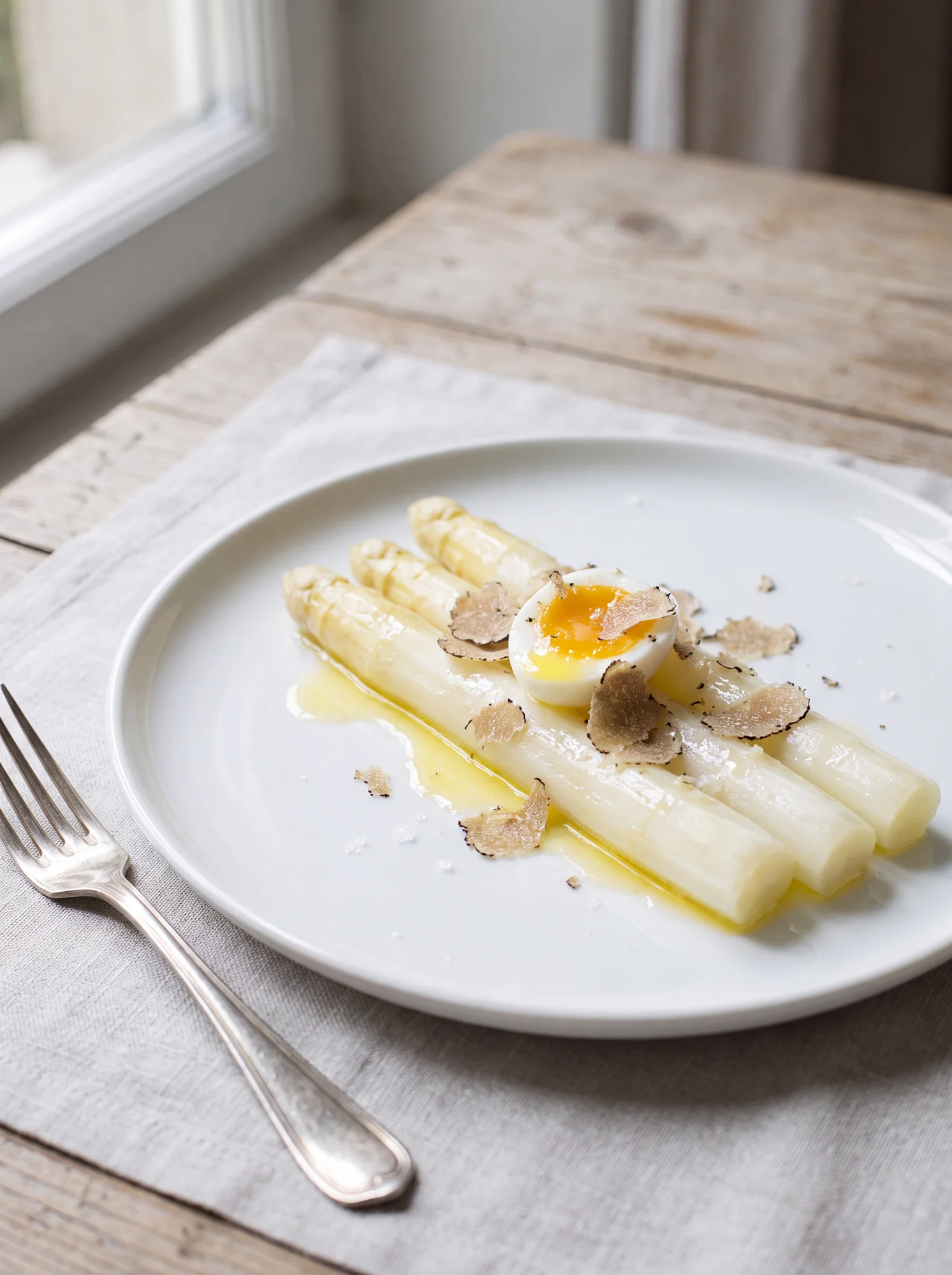 Asparagus & quail egg fine-dining presentation