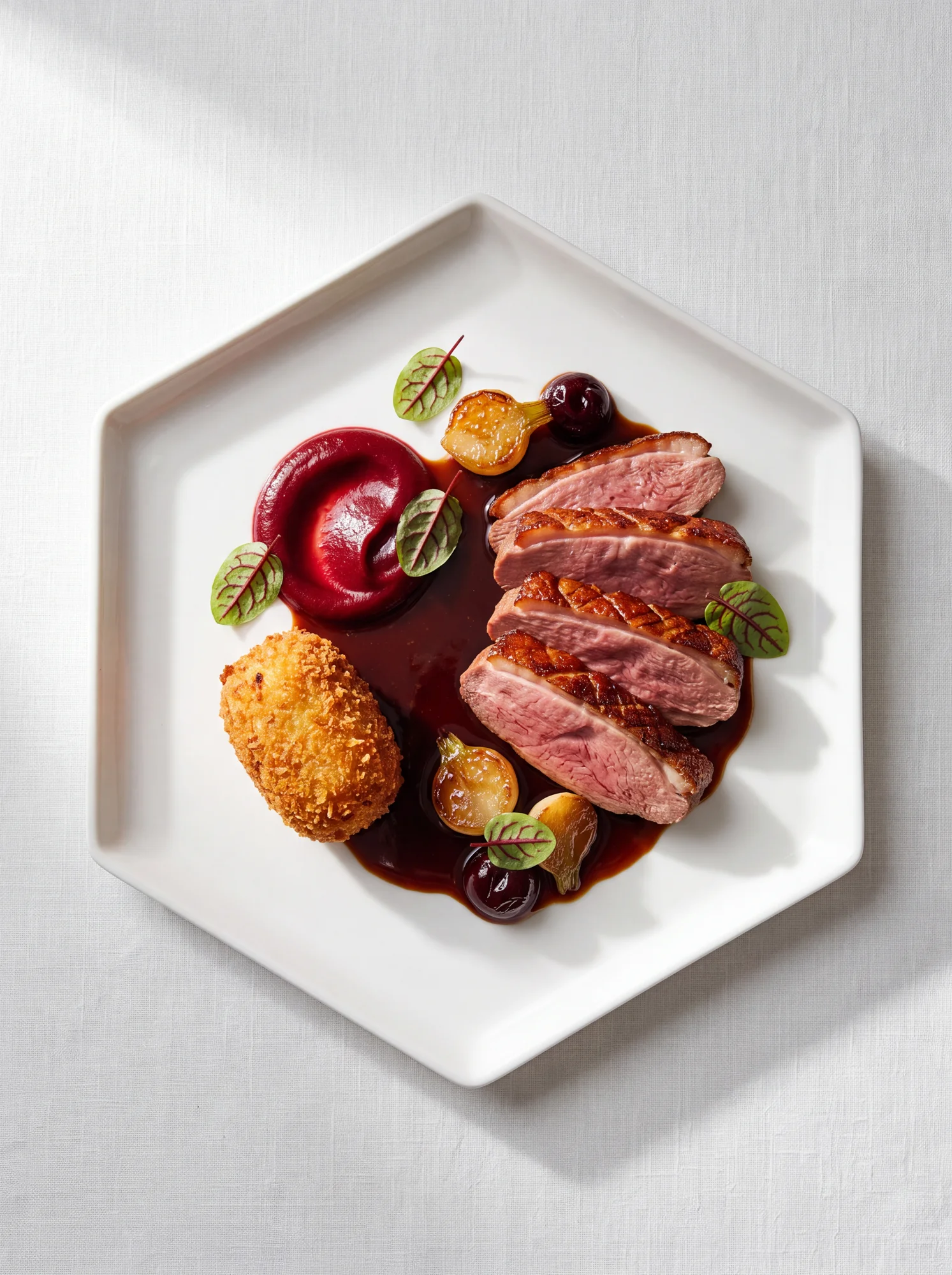 Duck & cherry fine-dining presentation