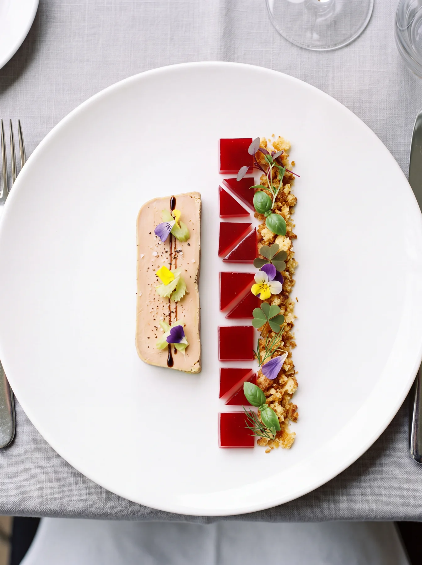 Deconstructed foie gras with jewel toned garnishes