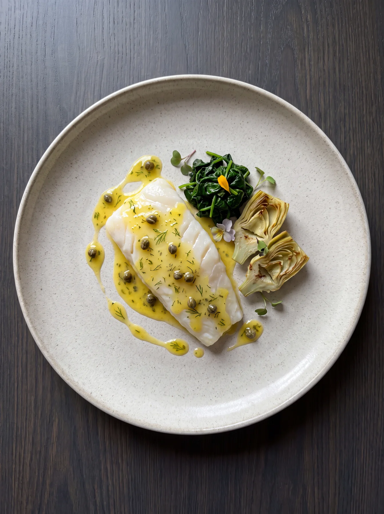 Poached halibut plated dish