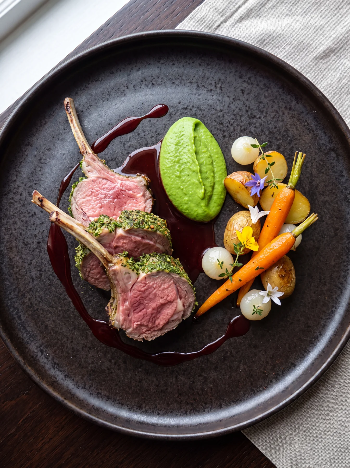 Herb crusted lamb plated dish