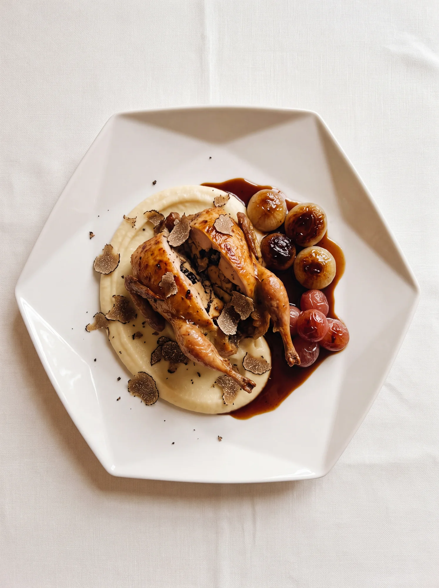 Truffle-stuffed quail fine-dining presentation