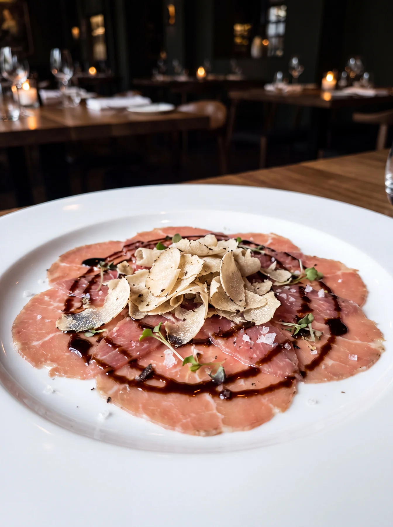 Veal carpaccio with truffles plated dish